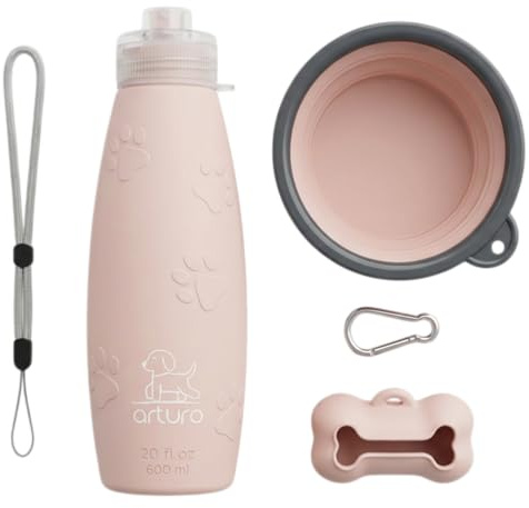 Botella 600ml. El tamaño Ideal. Agua Pipi Perros de Silicona A+ Apta también para Bebida. Recupera su Forma. con tapón antigoteo y Accesorios para Perros. Salida Chorro. Rosa.