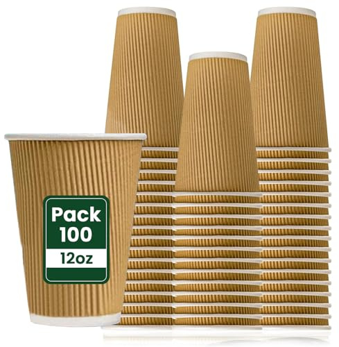 ECONX 100 X 12oz Disposable Coffee Cups Kraft Ripple Paper Cups Insulated Brown Paper Cups 3 Ply Triple Walled Disposable Takeaway Coffee Cups for Tea, Hot Coffee, Cold Drinks