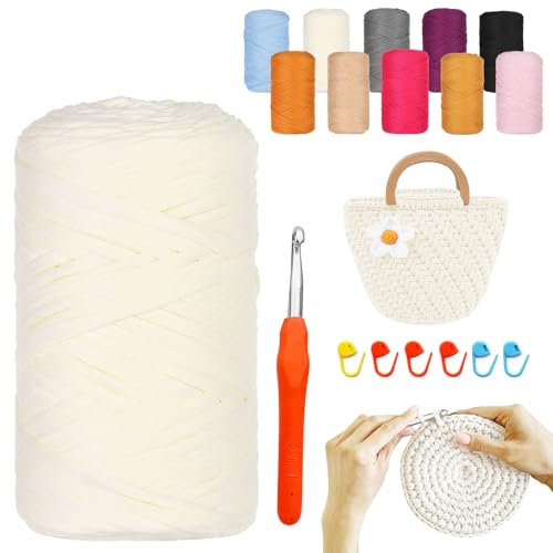 YushengTai Textilgarn, 400G/120M Textilgarn zum Häkeln Mit 9,0 mm Häkelnadel, Häkelgarn Tshirt Garn Für Taschen, Körbe, Decken, Heimdekoration (Beige)