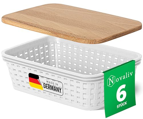 Novaliv 6er Set Aufbewahrungsboxen mit Holzdeckel Mini 1L Korb Weiß in Rattan Design Lebensmittelecht Aufbewahrungskorb Stapelboxen Nestbar Kunststoff BPA-frei Kiste Verstaubboxen mit Deckel