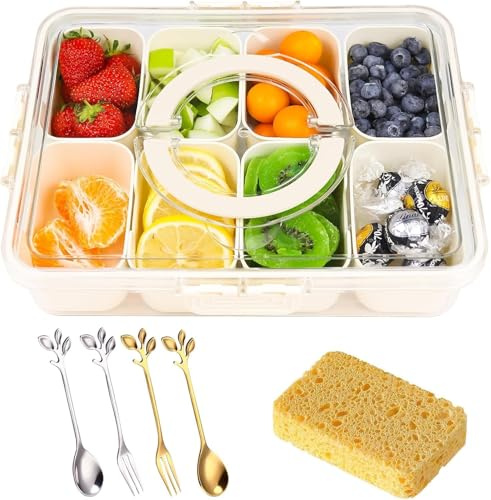 Snackbox mit Fächern, 8 Fächer Snackteller mit Deckel und Griff, Snackdose Snack Container Organizer mit Gabeln, Löffeln, Snackschale für Gewürzlagerbehälter Süßigkeiten Veggie Keks Nüsse Picnic (1)