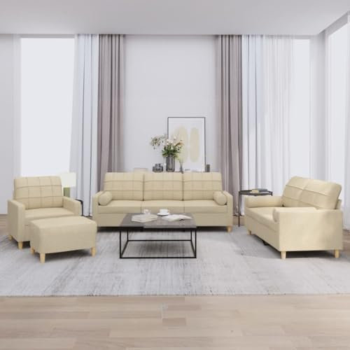 Willood 4-TLG. Sofagarnitur Mit Polstren & Fußhocker Creme Stoff Sofa mit Armlehnen und weichen Kissen, geeignet für Wohnzimmer, Holzbeinen