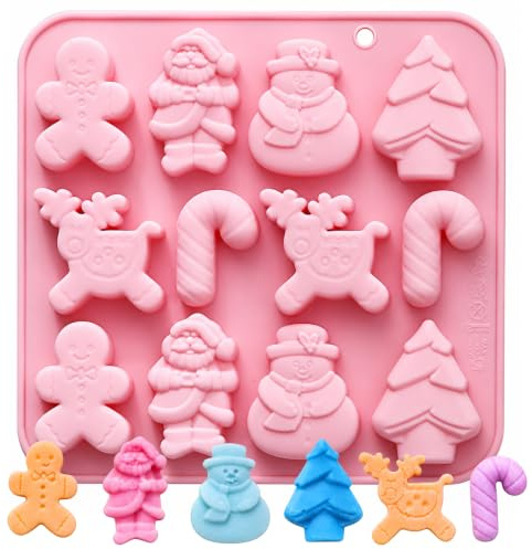 Weihnachts Silikonform, Weihnachts-Schokoladenform mit 12 Mulden | Lebkuchenmann, Weihnachtsbaum, Zuckerstange, Schneemann, Weihnachtsmann, Elch,formen für Kuchendekoration