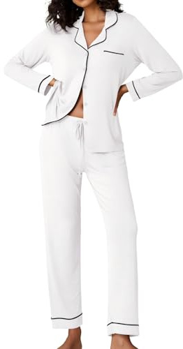 Ekouaer Pigiama Donna Lungo Set Pigiama 2 Pezzi Casa Pigiama con Bottoni Abbigliamento da Notte Bianco M