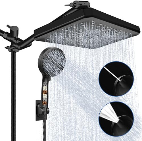 DoCatop Gefilterte Regendusche Combo, 30,5 cm Hochdruck-Duschkopf mit 3-Wege-Umsteller, Verlängerungsarm, 9 Handwasserstrahl, Mattschwarz