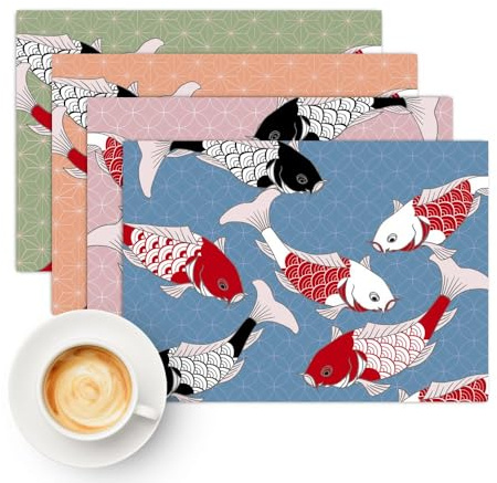kina - TV0046 Set di 4 Tovagliette Americane Lavabili Antigraffio Riutilizzabili | Non lavabili in lavastoviglie | Design Carpe Koi | Misura 45x32 cm