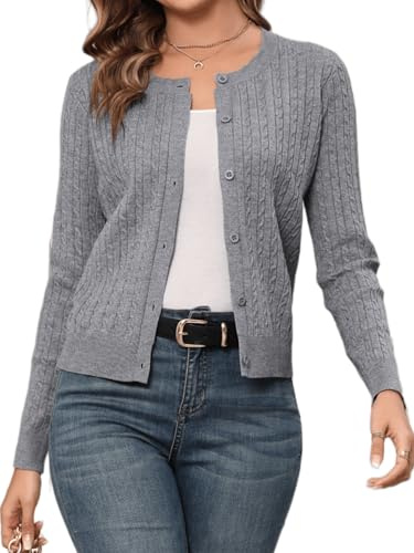 Chaqueta de Punto Mujer Cárdigan Corto Bolero Trenzado Grueso Rebeca Señora Jersey Abierto Manga Larga con Botones Rebecas Cuello Redondo Antiguo Básico Clásico Gris L