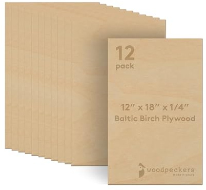 6 mm Baltic Birch Plywood 1/4 x 12 x 16 Inch, Box of 12 B/BB Grade Craft Wood, Stronger Than Basswood Sheets, for Laser, CNC Cutting and Wood Burning, by Woodpeckers