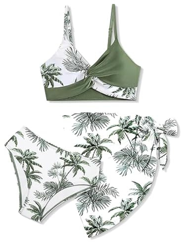 BOVOSHA Mädchen Bikini Set 3-teilig Kinder Badeanzug Tropic Print Wrap Top + Bikinislip mit Rock 5-14 Jahre (Grün, 10-12 Jahre)