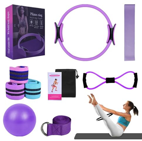 Kit de Pilates Mejorado, Kit Esencial de Pilates para Mujeres, Bandas de Cadera para el Entrenamiento de Glúteos, Pelota de Yoga 25 cm, Banda de Resistencia en Figura 8 para Estiramiento, Bandas de