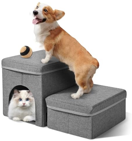 Escalera Perro de 2 Peldaños, MINENICE Escalera para Mascotas Rampa para Perros Gatos con Cajas de Almacenamiento, Escalera para Perros Plegable para Subir a la Cama y Sofá