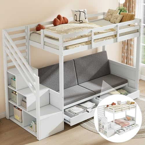 Oslghy Etagenbett Kinderbett 90x200 cm, Hochbett Bett mit Treppenschrank und 2 Schubladen, Doppelbett Bettgestell, Untere Ebene kann als Bett oder Sofa Genutzt Werden Inklusive Kissen, Ohne Matratze