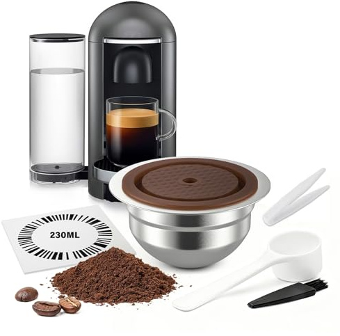 FOVNOT Reusable Stainless Steel Coffee Capsule for Nes-resso Ve-tuo, 230mL Refillable Pod with Food Grade Silicone Lids, Compatible with Ve-tuo Plus/Pop/Next Machines