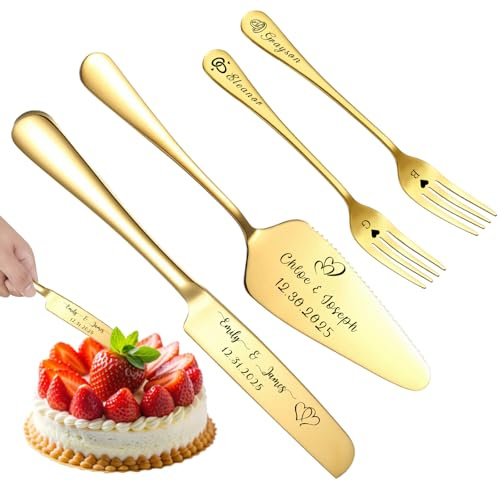 QSZ Personalisiertes Tortenmesser & Servierset mit individuellem Namen und Text - Tortenservierset & Hochzeitstorten-Schneideset - Geschenk zur, Hochzeit, Jahrestag & Geburtstag (Gold)
