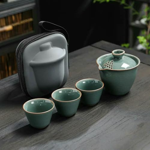 Optxzn Set da tè in Ceramica da 3 Tazze, Gaiwan, Portatile, da Viaggio, Cinese Kungfu, zuppiera, Cerimonia, 170 ml