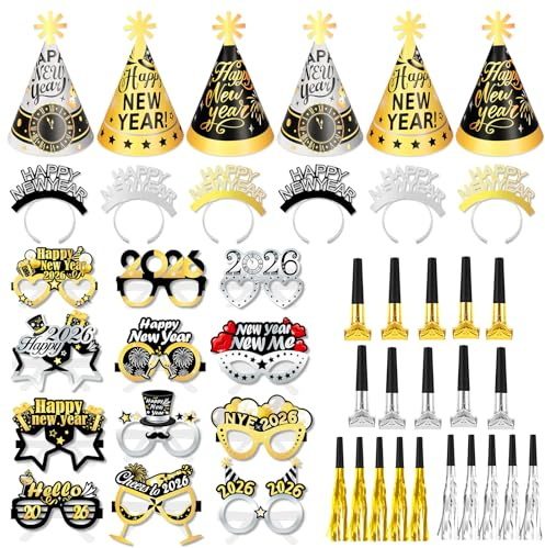 HOWAF Silvester Deko 2026 Schwarzes Gold, Silvester Partyhüte Hüte, Happy New Year Haarreif, Brille, Tröten für Foto Requisiten Neujahr Accessoires, Happy New Year Deko 2026