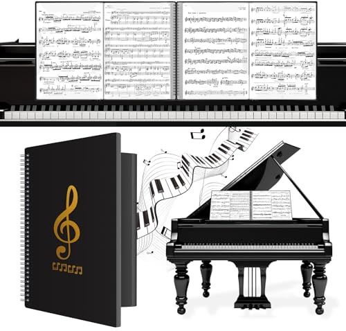 Irich Carpeta de notas musicales A4, carpeta de 15 bolsillos/60 páginas para partituras, impermeable y plegable, carpeta de notas desplegable en negro, carpeta de registro para documentos, papel