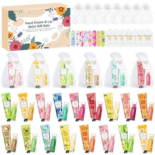 Coffret Cadeau de Crèmes pour les Mains,120 Pièces Cadeaux de Noël avec Crème pour les Mains,Baume à Lèvres,Mini Limes à Ongles,Pochettes en Organza et Carte de Remerciement, Petit Cadeau pour Femmes