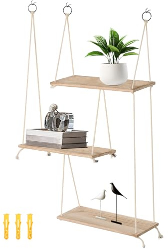 Fyeme Wandregal Boho 3 Lagig Hängeregal mit Verstellbarem Kordelzug Wohndeko für Display Hängende Pflanzen Fotos Makramee Regal für Schlafzimmer Badezimmer Wohnzimmer Schlafsaal