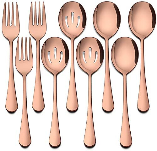 Set di 3 cucchiai da portata in rame in acciaio inossidabile, 3 cucchiai da portata scanalati, 3 forchette da portata, utensili da portata in metallo, set per catering, cene, feste a buffet (C) (A)