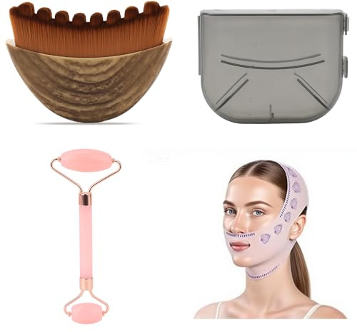FIDWALL 3-teiliges Gesichtsmassage-Set, Lymphdrainage-Gesichtsbürste, Gua-Sha-Gesichtsroller und V-Linien-Lifting-Maske, Kieferformung und Doppelkinn-Reduzierer, entspannende tägliche