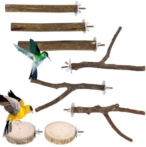 Kinberry 8 Stück Sitzstangen für Vögel, Naturholz Wellensittich Sitzstangen, Rutschfester Vogelständer aus Holz, Vogelkäfig Zubehör für Wellensittich, Nymphensittich, Kanarienvogel