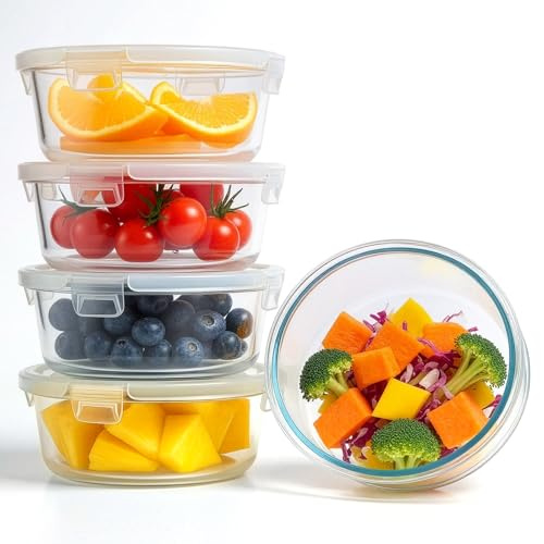GreenWhim 5 Packs Glass Food Storage Containers with Lids Airtight, 950ml 32oz Round Meal Prep Container Box Clip-Lock Bowl Set for Lunch Fridge Storage, Leftovers, Salads Box Oven Safe BPA-Free