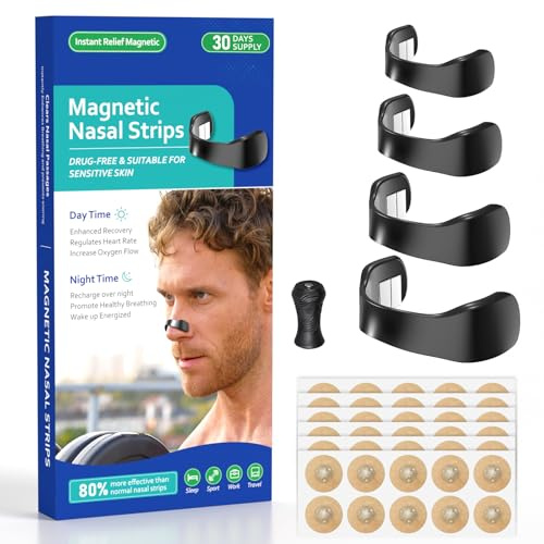 Biigdan Bande Nasale Magnétique 30 Jours, Adhésif Puissant Écarteur Nasal, Bandelettes Nasales Anti Ronflement, Nasal Strips Sport & Qualité Sommeil, Respiration Fluide et Naturelle (Noir)
