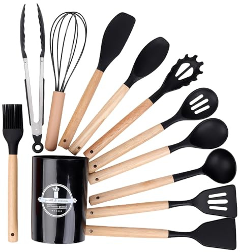 Jovrelant Kitchen Utensil Set, 12 PCS Silicone Utensils with Wooden Handle, Heat Resistant Nonstick Cookware, Dishwasher Safe Cooking Tools, Black