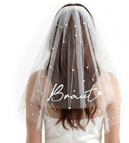 COMOOKA Schleier Braut mit Perlen, Weiß Brautschleier mit Kamm Schleier JGA Damen, Kurz Softtüll Hochzeitsschleier Weiss für Hochzeit Heiratsantrag Junggesellenabschied