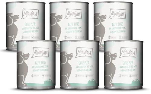 MjAMjAM - Premium Nassfutter für Hunde - gute Pute an gekochtem Reis mit gedämpfter Zucchini, 6er Pack (6 x 800 g), naturbelassen mit extra viel Fleisch