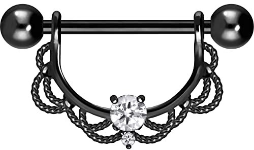 PIERCINGLINE Chirurgenstahl Nippelpiercing Barbell ORIENTALISCHES DESIGN + KRISTALL Piercing Brust Nippel Brustwarze Schwarz 14 mm