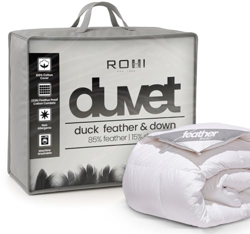 Rohi Luxurious White 13.5 Tog Duck Feather Duvet King Size – 100% Cotton Cover – Hypoallergenic Down Proof Duck Feather Duvet – Warmth without Weight – Duck Feather & Down Filled Quilt - King