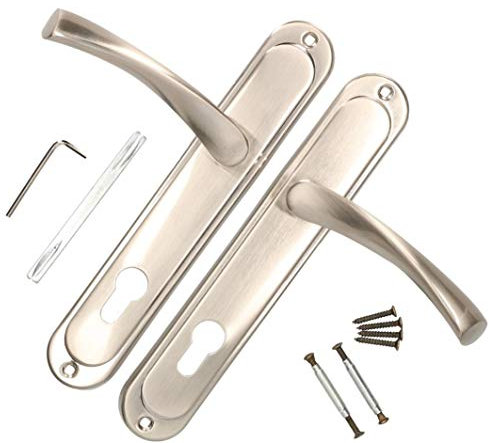 KOTARBAU® Juego de manillas para puerta, Manilla con agujero de cilindro, 72 mm, Manijas de puerta de placa larga, Manillas para puerta interior y exterior, Picaportes níquel satinado, Kit de montaje