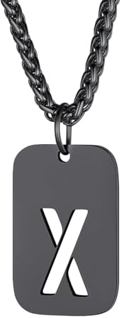 Richsteel Halskette Herren Kette Männer mit Buchstaben A-Z Schwarz Anhänger | Kette Buchstaben 55+5cm Anhänger für Herren Dogtag Namenskette Partnerkette mit Geschenkebox Personalisierbar Gravuren