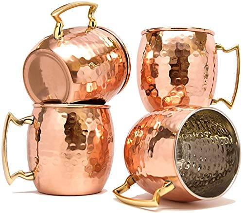 RATNA Moscow Mule Tassen 4er Set Handgefertigte Kupfertasse Reines Massives Kupfer Tassen mit Hammerschlag-Finish