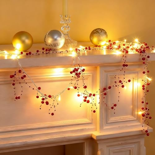 Mudder 10 Feet 30 LED Christmas Lights Berry Beaded Garland,Red | For Fireplace Mantel, Staircase, Window Frame, Flexible Wire Design, Holiday Ambiance, Warm Festive Atmosphere