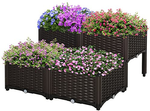 Outsunny Hochbeet, Pflanzkasten mit Abflusslöchern, Blumenkasten im Rattan-Look, Kunststoff, Braun, 40 x 40 x 44 cm