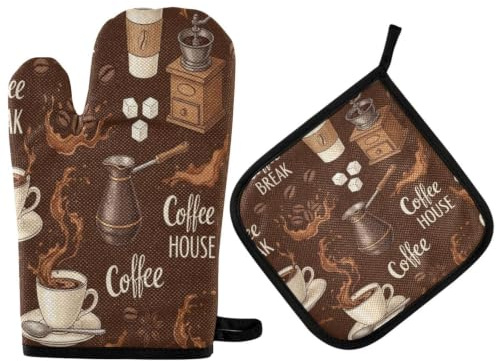 QUGRL Ofenhandschuhe und Topflappen im Retro-Stil, hitzebeständige Kochhandschuhe, für Küche, Kochgeschirr, Grillen, Grillen, Tee-/Kaffee-Motiv