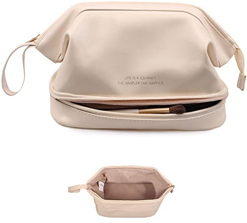 Abiudeng Travel Makeup Bag Toiletry Bags for Women Large Make up Organiser Bag with Brush Compartments Portable for Travel-White