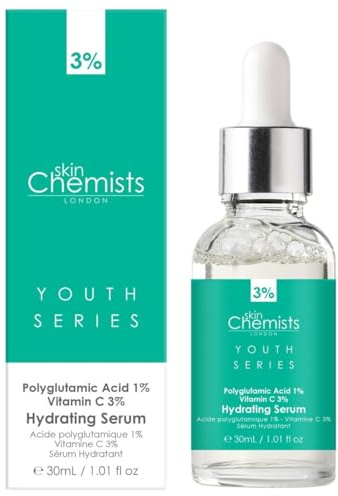 SKIN CHEMISTS Polyglutamic Acid 1% Vitamin C 3% Hydrating Siero 30 Ml per la beauty routine quotidiana, per trattamento mirato e luminosità, 30 ml