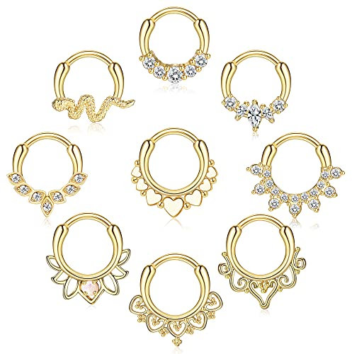 Kakonia 9 Stücke Septum Schmuck 16G Daith Ohrringe Hinged Hoop Nasenringe 316L Edelstahl Septum Clicker CZ Ringe für Frauen Knorpel Helix Tragus Rook Hoop Daith Ohrringe 8MM Gold