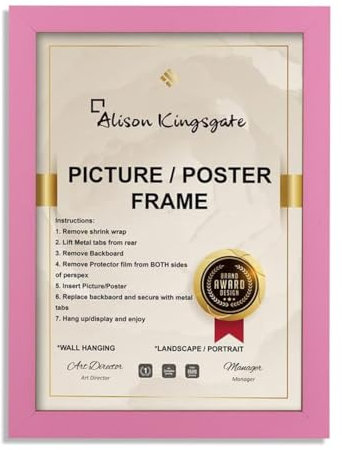 Alison Kingsgate Cadre photo A4 rose de 29,7 x 21 cm – Cadre photo A4 rose avec feuille de plexiglas transparent et crochets de fixation murale – Cadre photo A4 à afficher en portrait ou paysage
