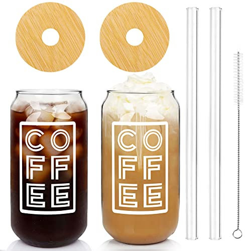 ANOTION Iced Coffee Cup with Lids and Straw, Beer Can Glass with Bamboo Cover 20 Oz/568ml Glass Coffee Cups Reusable Drinking Glasses Tumbler Coffee Cups for Travel Office Home Tea Margaritas Juice