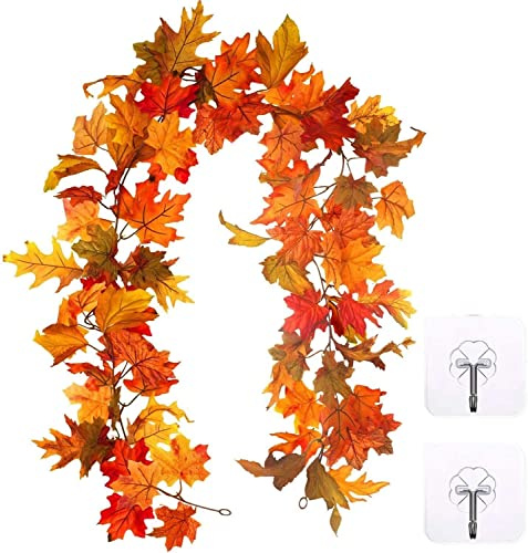 Künstliche Ahornblätter Girlande Herbstgirlande 175 cm Herbstblätter Reben Seide Ahornblatt Girlande Hängepflanze für Hausgarten, Wand, Tür, Kamin, Halloween, Party, Erntedankfest Herbstdekorationen