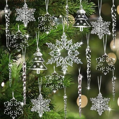 24pcs Crystal Christmas Tree Ornaments, Decorations Hanging Acrylic Snowflake and Icicle Ornaments with Drop Pendants for Christmas Tree Party Decorations，Winter Wonderland