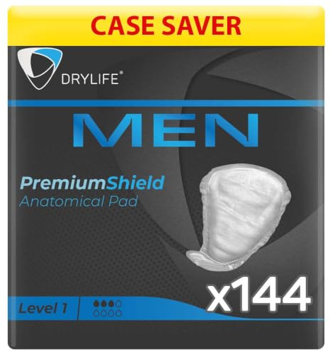 Drylife Men Level 1 Premium Shield Incontinence Pads for Bladder Weakness | Ultra Protection, Discreet Male Design & Active Odour Control for Men (12 Packs of 12)
