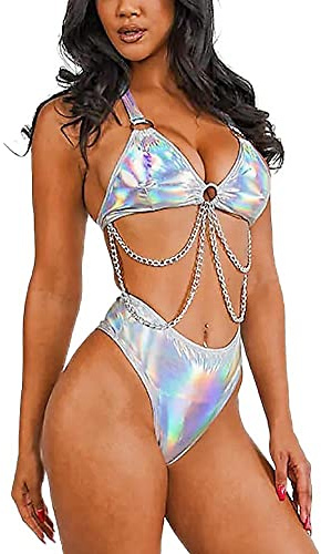 EVELUST Damen Metallic Glitzer Festival Outfit - Rave Body Chain Harness Oberteil High Cut Bottom Tanz Kostüm Bikini Set(Silver,S,1314w)