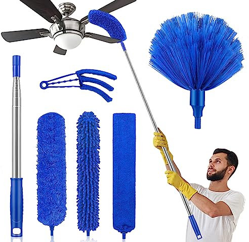 Newliton - Piumino cattura polvere lungo con asta estensibile e testina in microfibra, per la pulizia di soffitti alti, ventilatori, ragnatele, pareti, battiscopa, mobili, tendine ed elettrodomestici