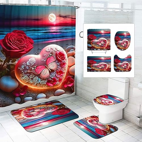SMchwbc 4Pcs Rose Duschvorhänge Set Blumen Dusche Vorhang Set Mit Teppichen 4-teiliges, Rose Flower Regentropfen-Duschvorhang Rosa Blümchen Shower Curtains wasserdichter (180 x 180 cm(BxH),8)